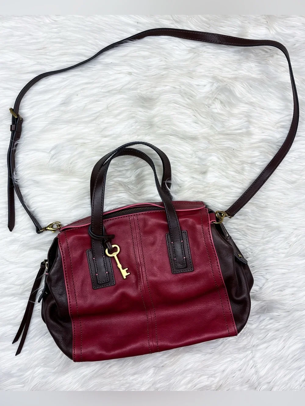 Fossil Emma Satchel Maroon Red Brown Cow Hide Leather Crossbody Bag Purse